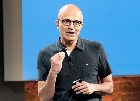 Satya Nadella, CEO of Microsoft, speaking at a technology conference. Photo by Richard Morgenstein, CC BY-SA 4.0.